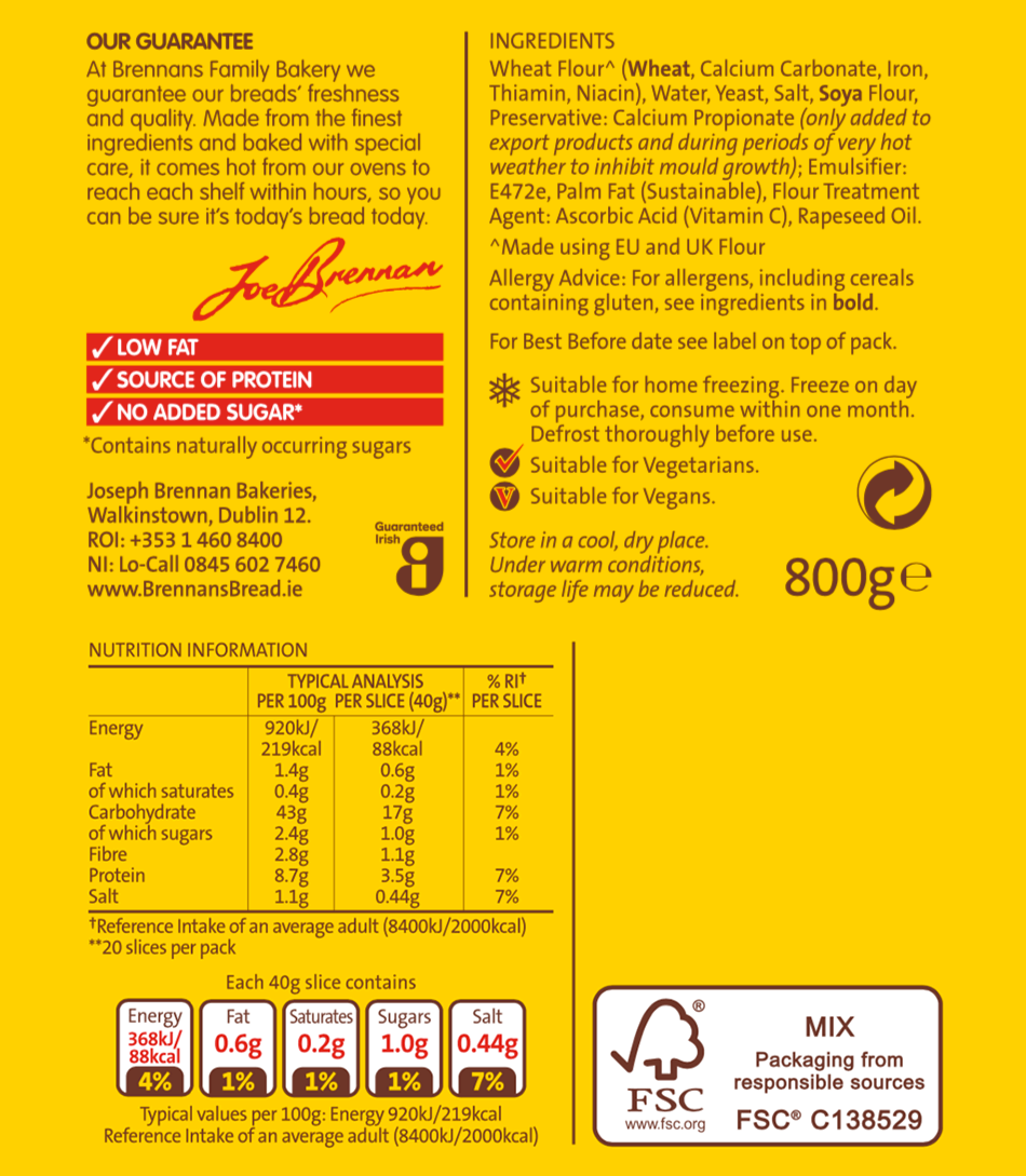 Brennans family pan 800g nutritional info