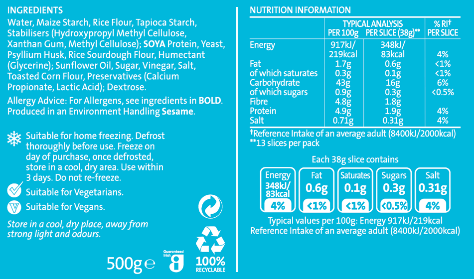 Brennans Gluten Free White Bread Nutrition