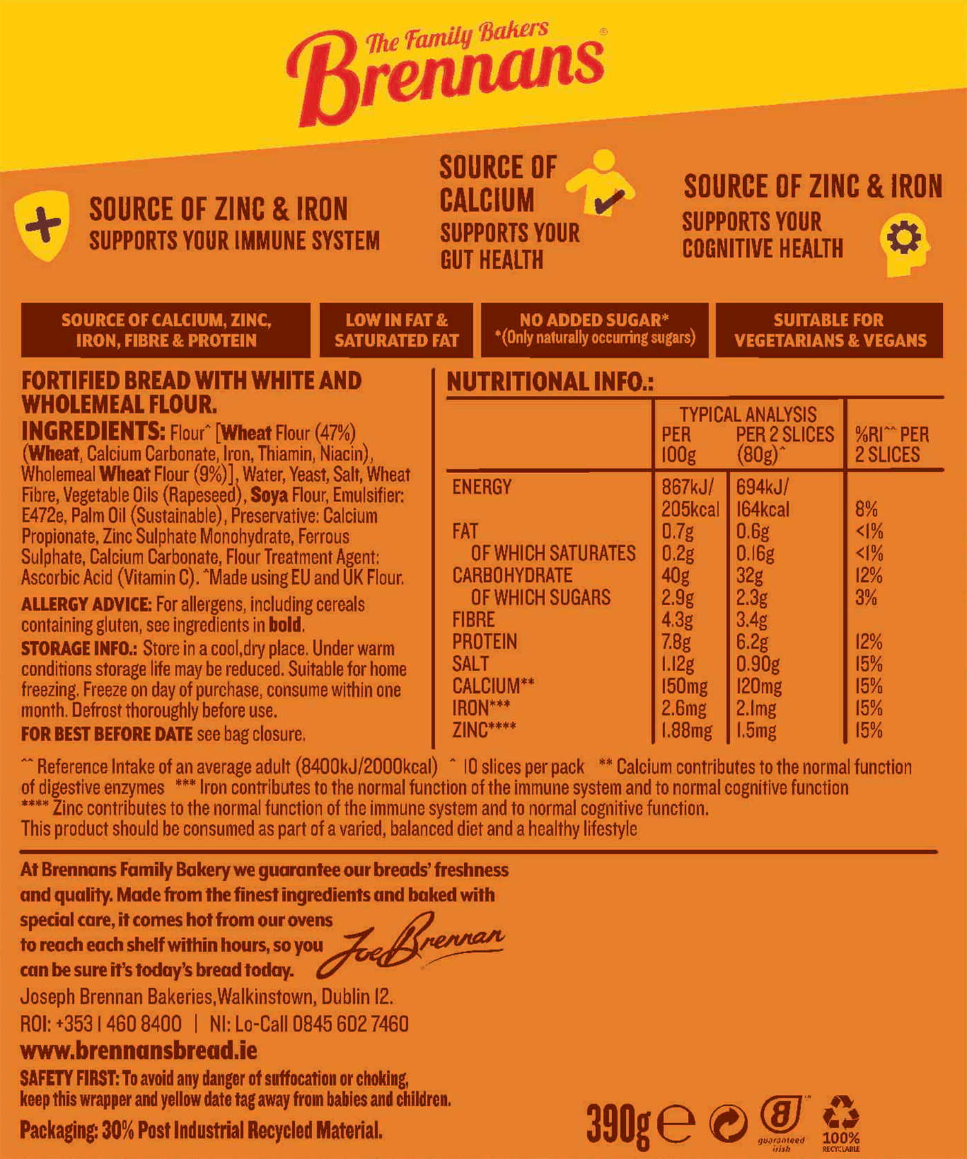 Brennans Half Super Bread Nutritional Info