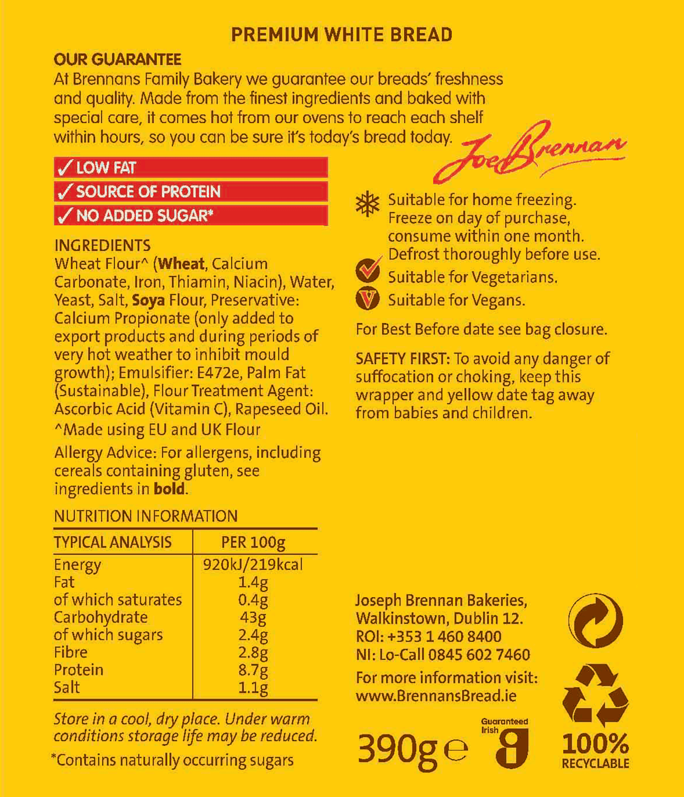 Brennans Half Family Toast Nutritional Info