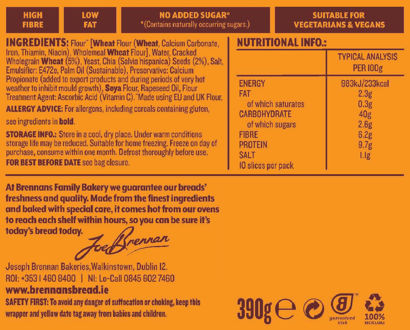 Brennans Chia Wholegrain 390g Nutrition