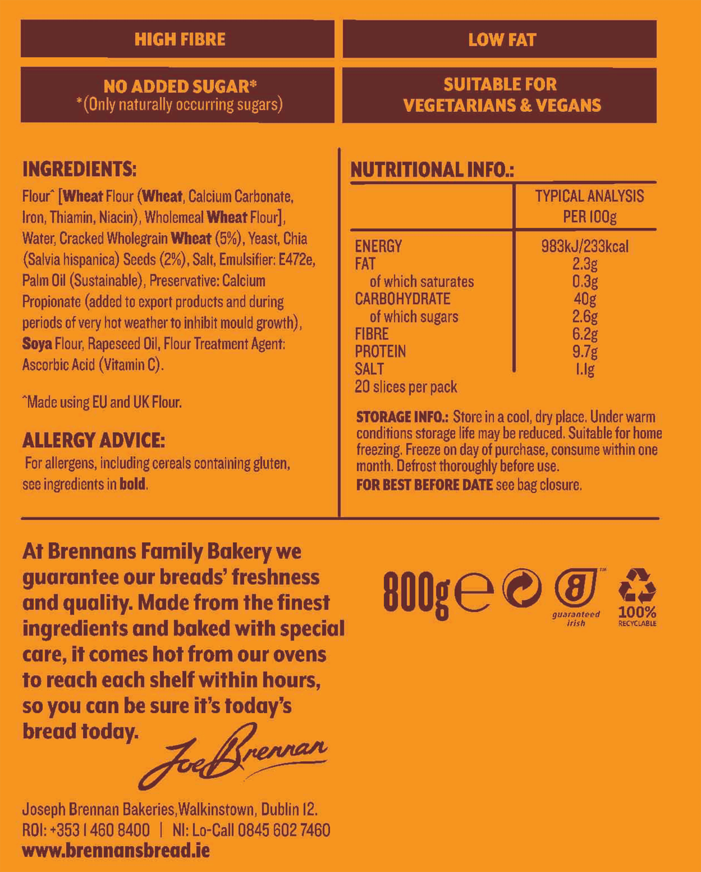 Brennans Chia Wholegrain 800g Nutrition