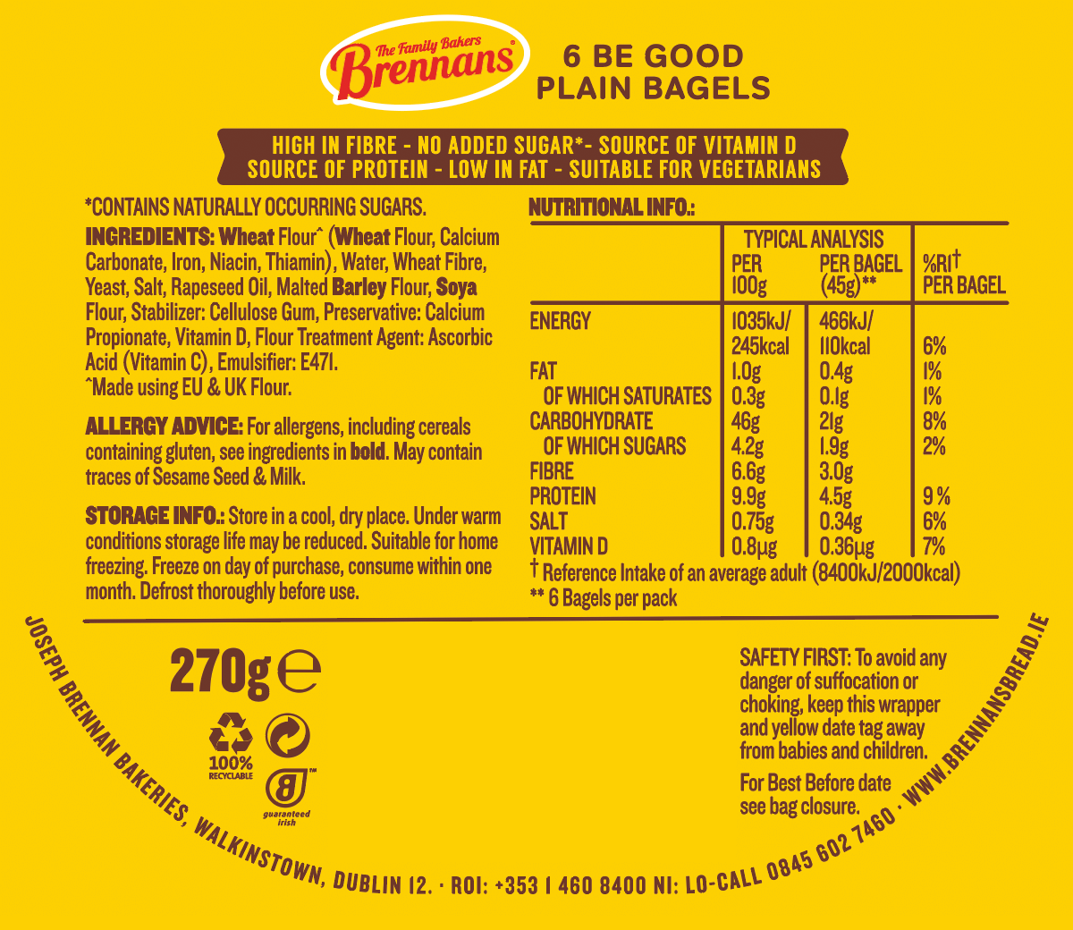 Brennans Be Good Plain Bagels Nutritional Information