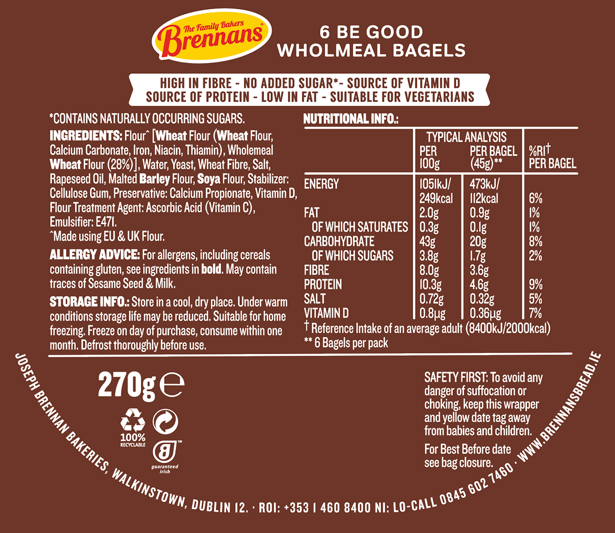 Brennans Be Good Wholemeal Bagels Nutritional Info
