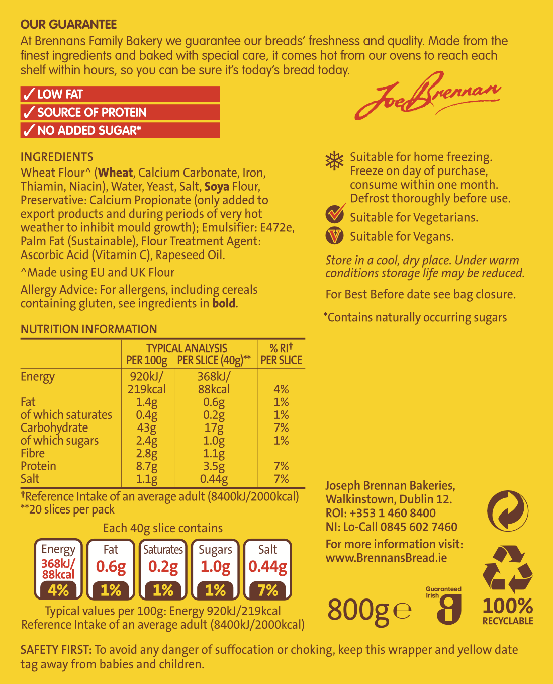 Brennans Family Toast Pan Nutritional Info