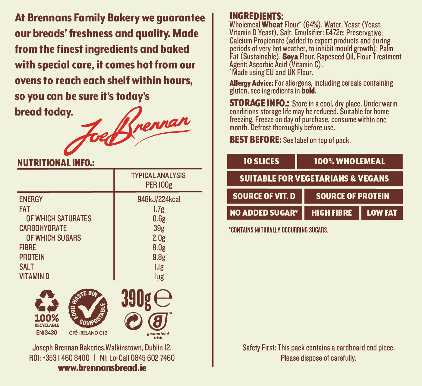 Brennans wholemeal half pan nutrition