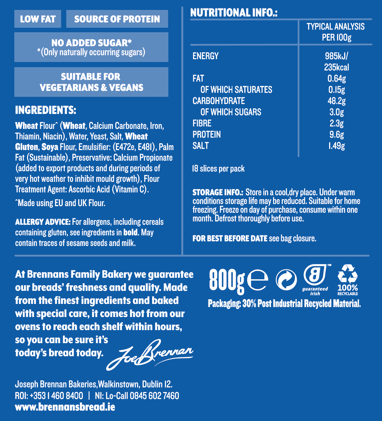 Brennans Bloomer White 800g Nutritional Info