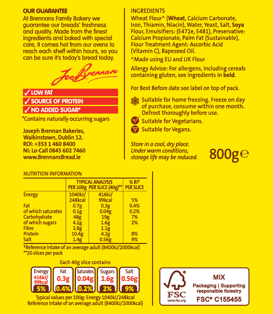 Brennans family pan 800g nutritional info