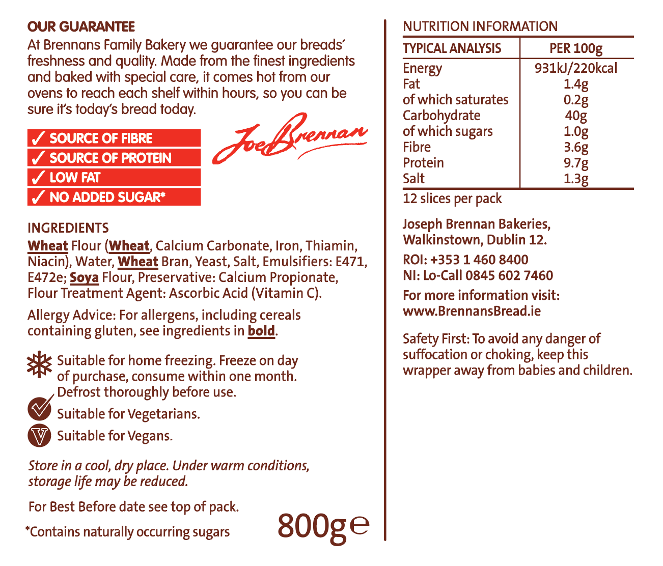 Brennans hi fibre batch nutritional info