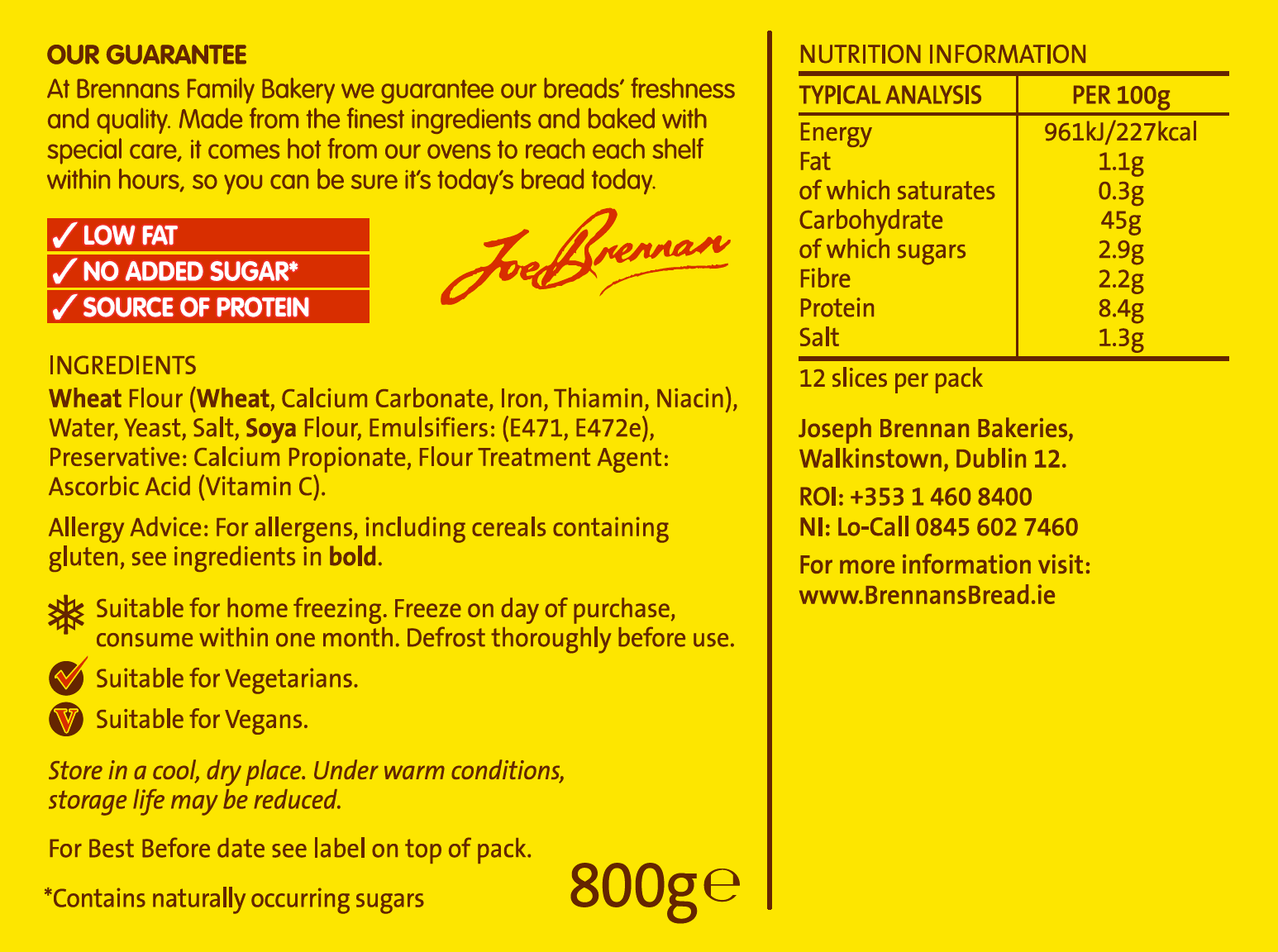Brennans standard batch nutritional info