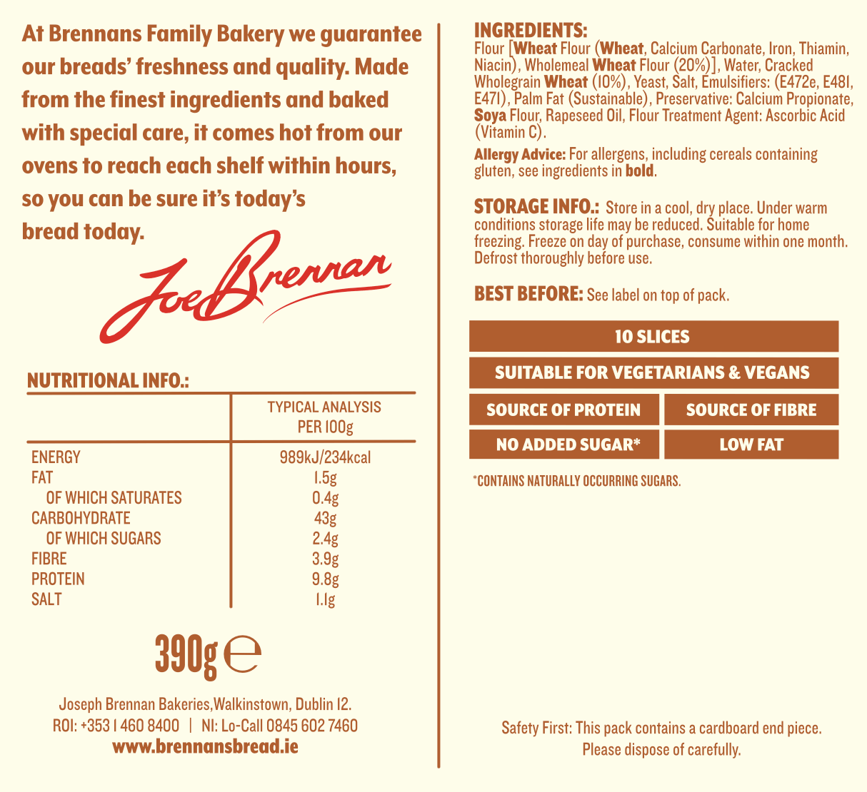 Brennans wholegrain 390g nutritional info
