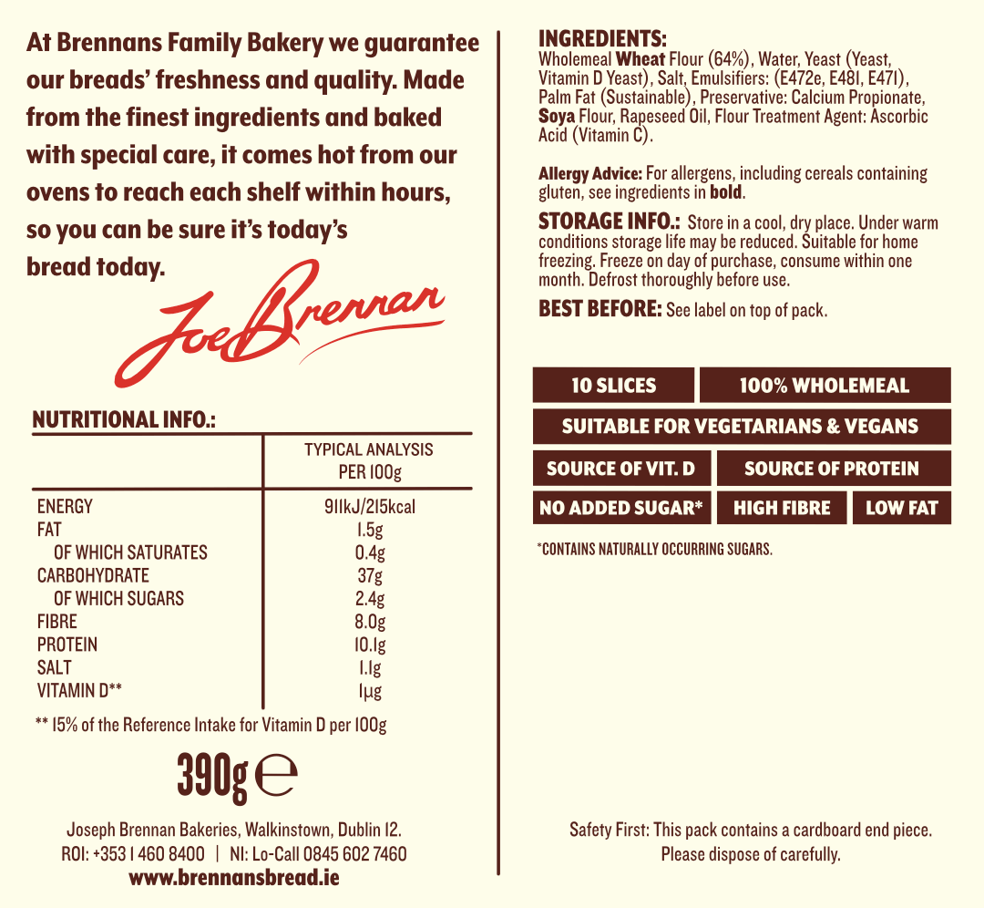 Brennans wholemeal 390g nutritional info